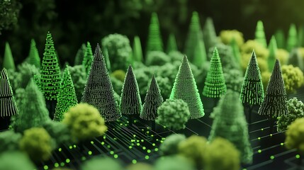 Bright dashboard of green metrics shaped like abstract trees