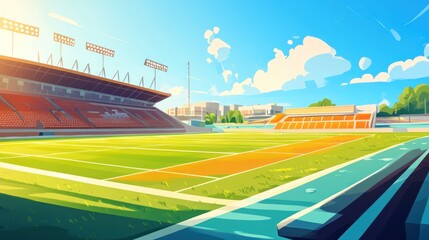 Vibrant cartoon illustration of a sunlit stadium with grandstands and track