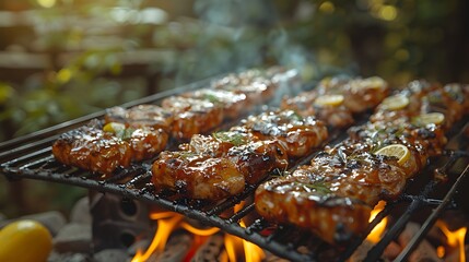 Delicious BBQ Chicken grilling on flames outdoor summer feast juicy meat flavorful marinade tasty food