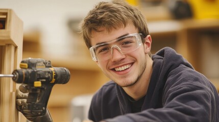 Enthusiastic young craftsman applying precision with power drill in carpentry workshop