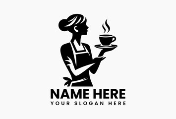 Minimalist vector logo silhouette illustration of a waitress in uniform carefully balancing a tray with two steaming cups of coffee. Food service concept