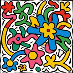 Obraz premium A vibrant, playful pattern reminiscent of featuring colorful shapes and lines that create a sense of movement and energy on a white background with a black border.