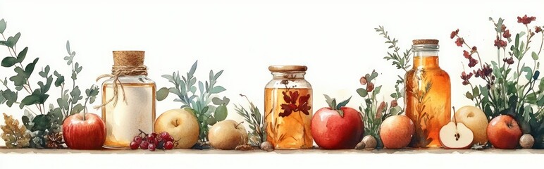 Still life arrangement of various fruits, herbs, and glass jars with cork stoppers containing liquids, evoking a natural and rustic atmosphere