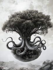 Surreal depiction of an octopus entwined with a tree, floating above a mystical landscape