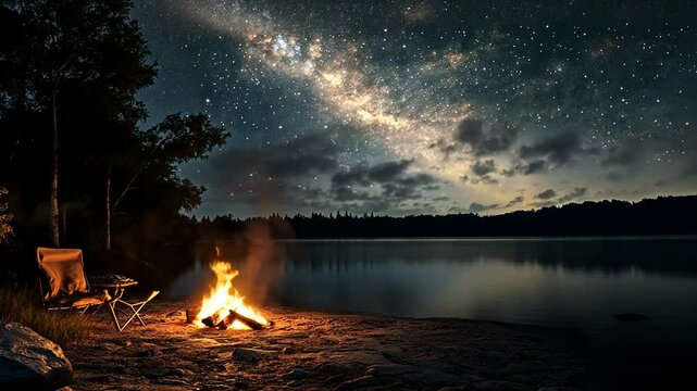 Serene lakeside campsite at night, featuring a glowing campfire under a starry sky