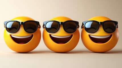 Three happy emoji wearing sunglasses on beige background