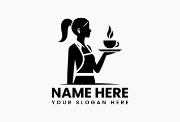 Minimalist black silhouette of professional waitress balancing tray with two steaming coffee cups vector logo. Cafe service concept