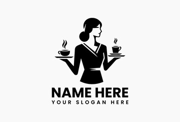 Stylized waitress silhouette carefully carrying tray with two hot coffee cups simple vector logo. Food service branding