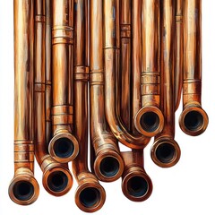 Naklejka premium Close-up view of multiple shiny copper pipes with various bends and openings arranged tightly together