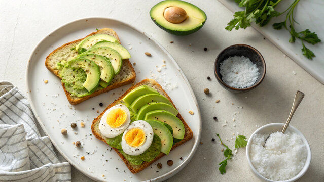 Delicious Avocado Toast with Egg and Seasoning on White Plate - Powered by Adobe