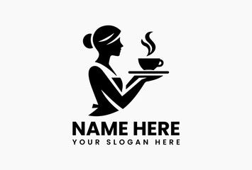 Clean vector outline of uniformed waitress balancing serving tray with two steaming coffee mugs. Hospitality industry logo