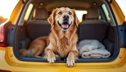 Happy golden retriever dog sits in open car trunk. Dog ready for road trip adventure with travel companion, excited for outdoor family vacation. Automobile journey with pet, animal friend.