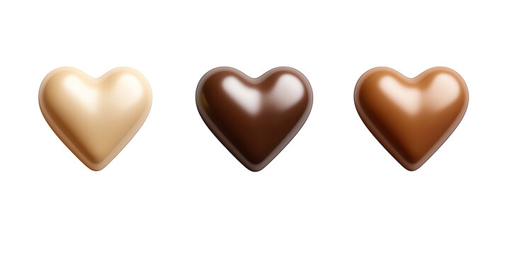 shiny heart-shaped chocolate candies, isolated on white transparent background, symbol of love and sweetness