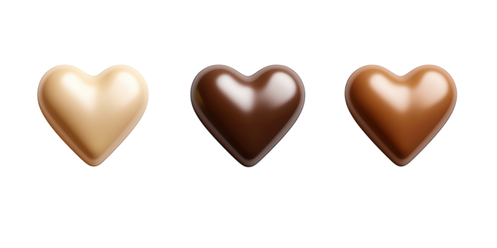shiny heart-shaped chocolate candies, isolated on white transparent background, symbol of love and sweetness