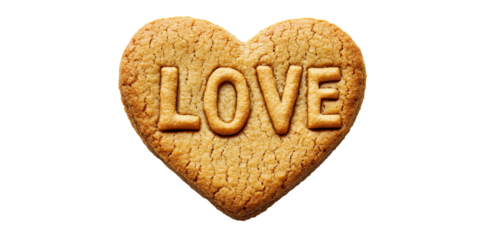 Heart-shaped cookie with word LOVE embossed, symbol of affection and sweetness, isolated on white transparent background