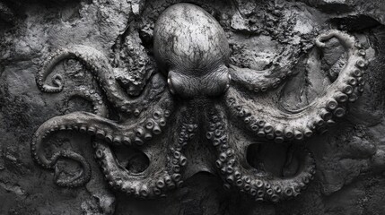 A detailed sculpture of an octopus on a textured stone background, showcasing marine artistry