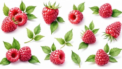 Watercolor illustration features collection of fresh raspberries and green leaves. Perfect design element for postcards or projects. Ideal for recipes or food blog articles, berry and floral themes.
