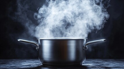 Close-up of a steaming metal pot with rising vapor on a dark background, highlighting the shiny surface and the heat emanating from the cookware