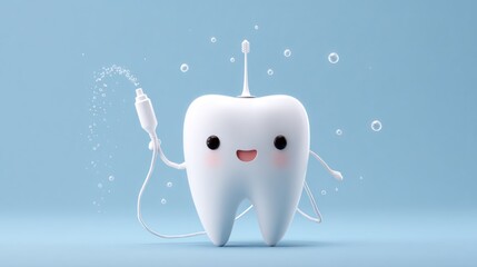 Happy tooth using a water flosser, cleaning itself with water spray and bubbles