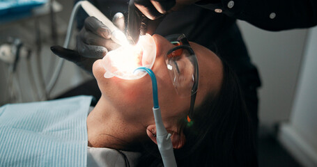 Appointment, mouth surgery and patient with dentist in office for checkup or medical operation....