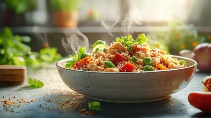 Delicious steaming vegetable and rice stir-fry in a rustic bowl with fresh herbs in a bright kitchen setting, healthy home cooked vegetarian meal preparation