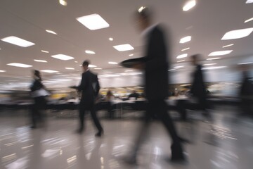 Ground-Level Office Cafeteria During Busy Lunch Hour with Motion-Blurred Workers
