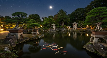Obraz premium Serene Nighttime Koi Pond in a Japanese Garden Under the Full Moon