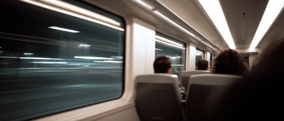 Fototapeta premium Modern Train Interior with Calm Passengers and Motion Blur Outside Window