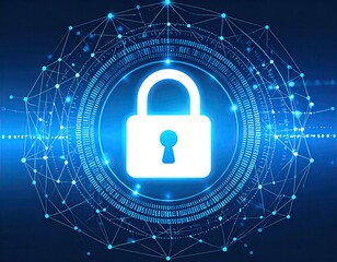 Glowing padlock over digital network security background