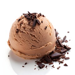 Indulge in this rich chocolate ice cream scoop, generously topped with dark chocolate shavings. A detailed studio shot isolated on a pristine white background, showcasing the creamy texture and decade