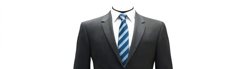 Headless man in dark gray suit and blue striped tie.