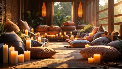 Obraz premium Serene space filled with warm lighting and cozy pillows, perfect for relaxation and meditation. The soft, earthy tones create a calming atmosphere.