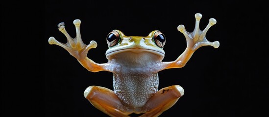Close-up of a vibrant tree frog with raised arms against a black background.