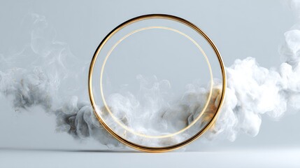 Golden circular frame amidst ethereal white smoke swirls on a light grey background