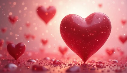 Romantic Valentine Day background with red hearts floating on pink gradient. Shiny, bokeh effect, sparkling glitter, festive design, celebration, love, passion, dating, wedding, romantic gift card.