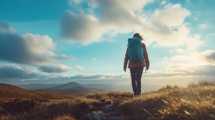 Fototapeta premium A lone hiker walks through breathtaking mountains under a vast sky filled with clouds. Adventure awaits in every step taken.