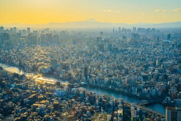 Obraz premium High-resolution photo of Tokyo cityscape taken from the Tokyo Skytree observation deck. Featuring expansive views of the Japanese capital, including skyscrapers, urban sprawl, and Mount Fuji