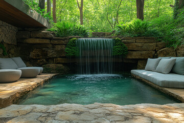 Naklejka premium Couch by pool waterfalls.