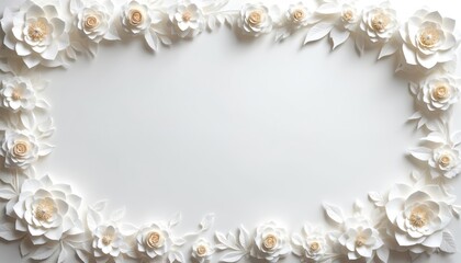 White floral design frame on white background. Delicate flowers border perfect for wedding invitation, greeting card, holiday designs. Paper craft art. Floral frame, floral background with copy space.