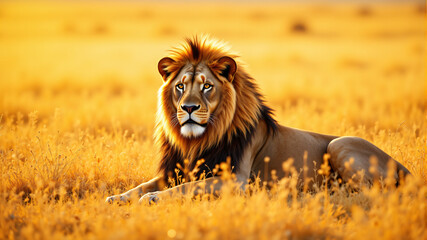 Majestic Lion Lying in Golden Grassland