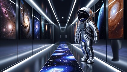 A lone astronaut stands in a futuristic hallway, gazing at a space-themed carpet. The walls display captivating images of nebulae and galaxies, creating a mesmerizing atmosphere.