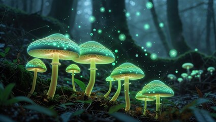 Glowing mushrooms in a dark forest. Enchanted, magical, mystical scene.