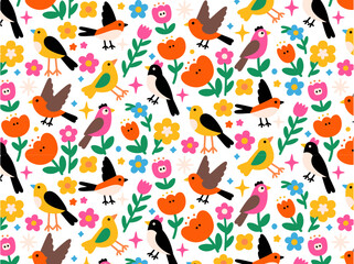 Minimal Flat Pattern Illustration of Birds, Flowers, and Sparkles – Seamless Nature-Inspired Whimsical Background for Wrapping Paper, Wallpaper, Fabric Prints, Stationery, and Spring Decor
