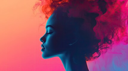 Serene woman profile with vibrant, stylized hair.