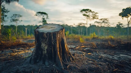 A forest tree stump stands as a solemn reminder of deforestation's impact on wildlife habitats, urging for conservation efforts