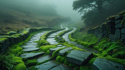 Serene moss-covered stone path winds through a misty green landscape. A tranquil scene of nature's artistry.