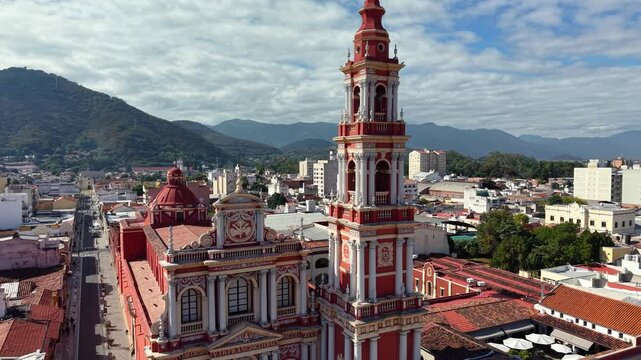 Salta, Argentina, May 4, 2025: Aerial video of the Church of San Francisco - Salta, Argentina.