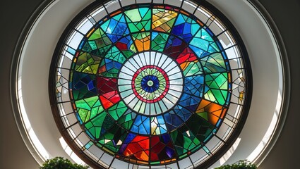 A stunning circular stained-glass window showcasing a vibrant array of colors and intricate design. The light filtering through creates a captivating atmosphere.