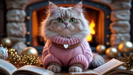 Adorable fluffy cat in a pink sweater enjoys a cozy evening by the fireplace, surrounded by festive decorations and books.