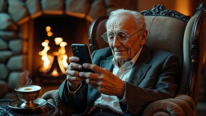 Senior Caucasian man sits in an armchair by a fireplace, engrossed in his smartphone. Warm light and cozy atmosphere.